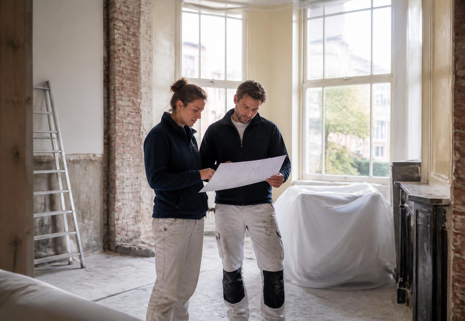 Construction professionals reviewing plans on a renovation project