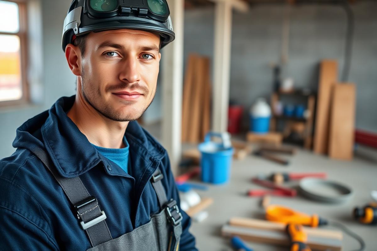 A tradesperson in navy workwear on a tidy construction site